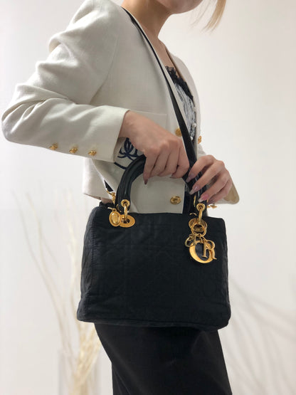 Christian Dior Lady Dior Canage Enamel Leather 2way Shoulder Bag Black Vintage Old f6njne