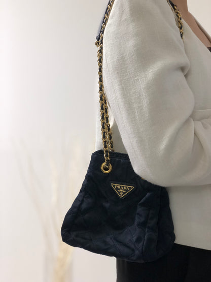 PRADA Quilted Triangle logo Nylon Chain Shoulder Shoulder Bag Navy Vintage Old nj2zvp