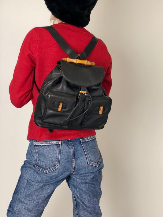 GUCCI Bamboo Front Buckle Backpack Black Vintage gaic2f