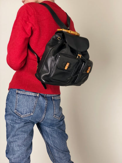 GUCCI Bamboo Front Buckle Backpack Black Vintage gaic2f