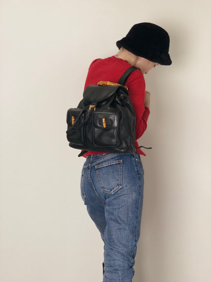 GUCCI Bamboo Front Buckle Backpack Black Vintage gaic2f