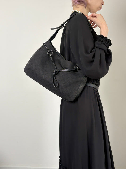 GUCCI GG Canvas Horse Bit Shoulder bag Black Vintage h5tsed