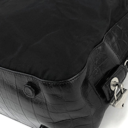 PRADA Triangle logo Crocodile embossed Nylon Tote bag Black Vintage Old vskjgf