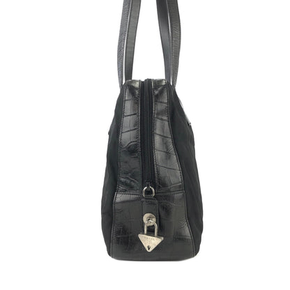 PRADA Triangle logo Crocodile embossed Nylon Tote bag Black Vintage Old vskjgf