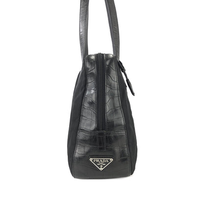 PRADA Triangle logo Crocodile embossed Nylon Tote bag Black Vintage Old vskjgf