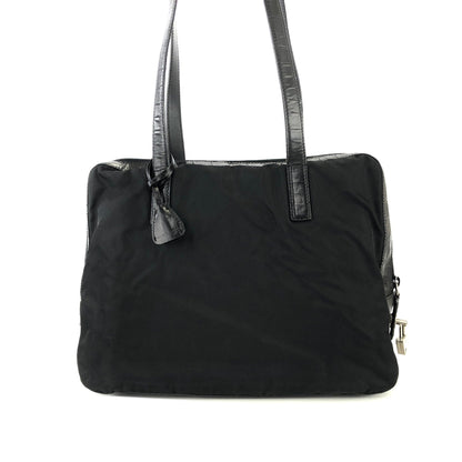 PRADA Triangle logo Crocodile embossed Nylon Tote bag Black Vintage Old vskjgf