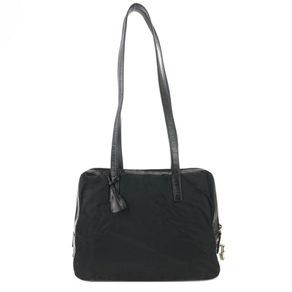 PRADA Triangle logo Crocodile embossed Nylon Tote bag Black Vintage Old vskjgf