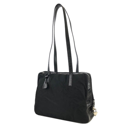 PRADA Triangle logo Crocodile embossed Nylon Tote bag Black Vintage Old vskjgf