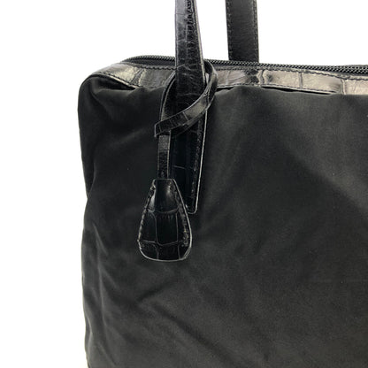 PRADA Triangle logo Crocodile embossed Nylon Tote bag Black Vintage Old vskjgf