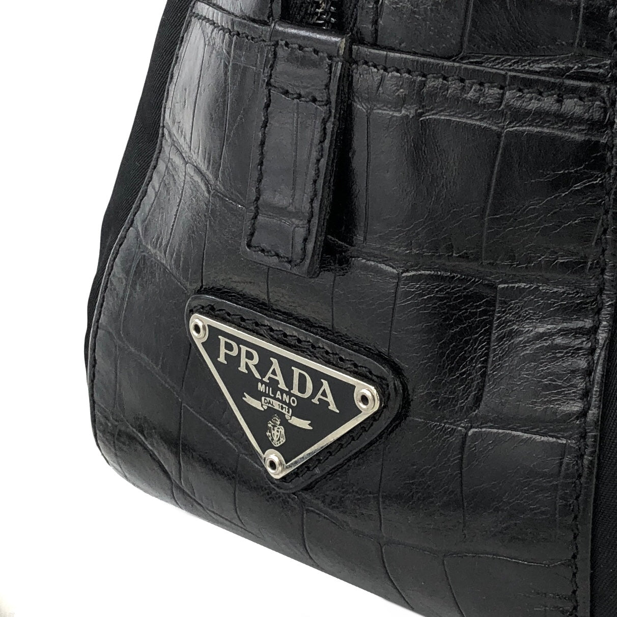 PRADA Triangle logo Crocodile embossed Nylon Tote bag Black Vintage Old vskjgf