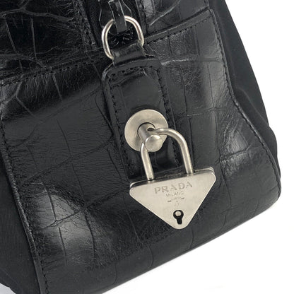 PRADA Triangle logo Crocodile embossed Nylon Tote bag Black Vintage Old vskjgf