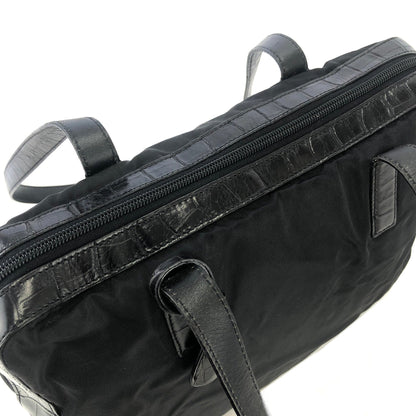 PRADA Triangle logo Crocodile embossed Nylon Tote bag Black Vintage Old vskjgf