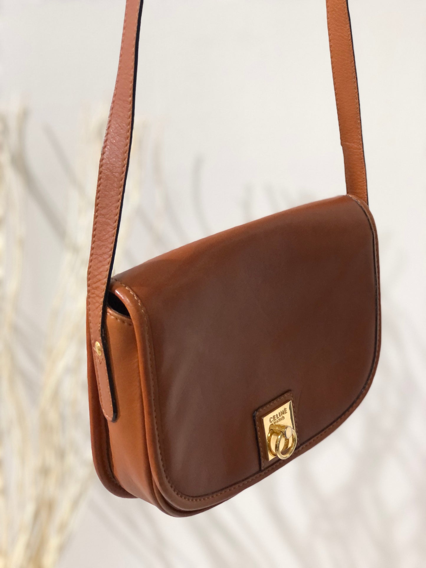 CELINE Gancini Flap Round Leather Shoulder bag Brown Vintage Old Celine aggfb5