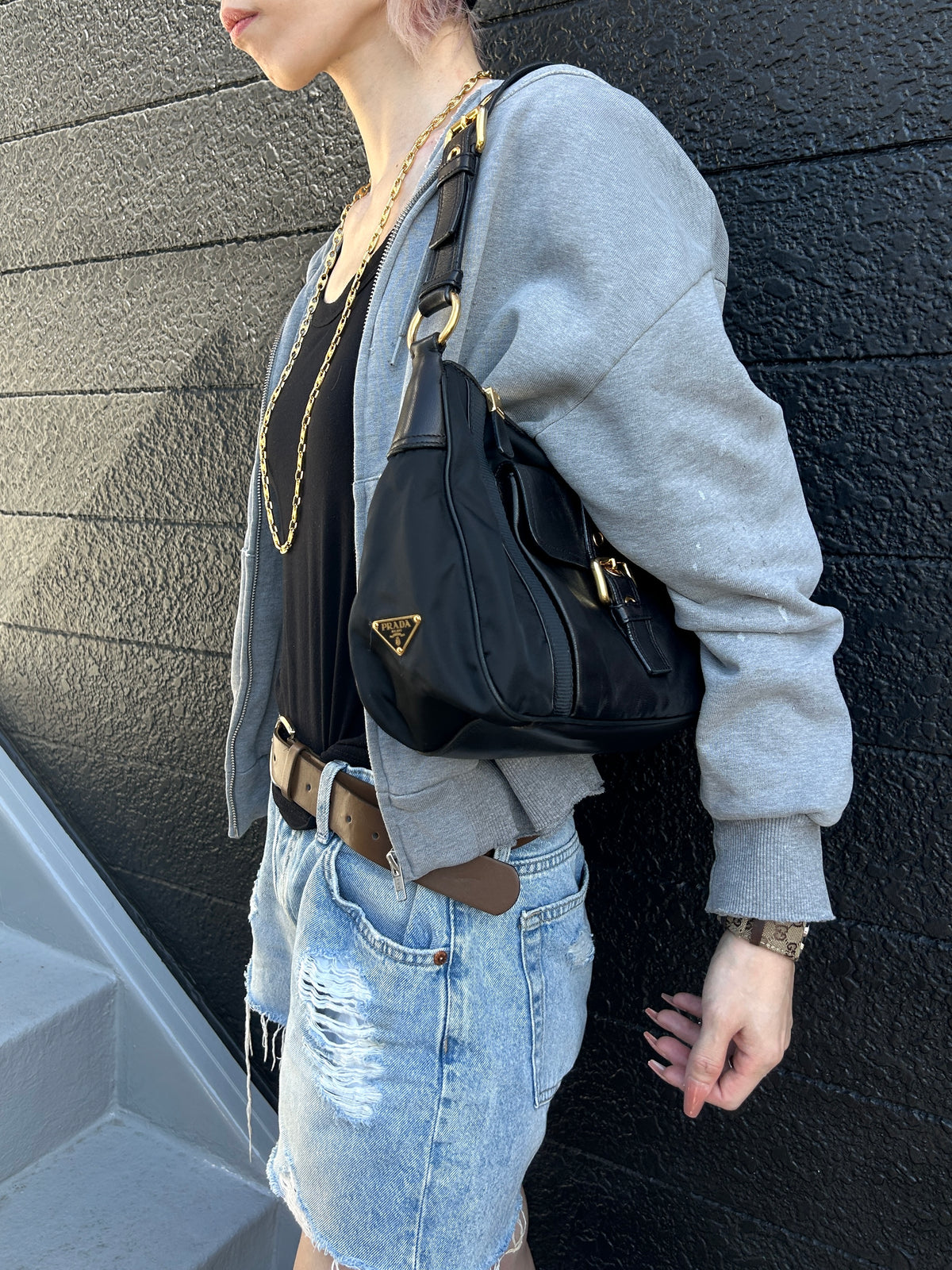 PRADA Triangle Logo Front Buckle Shoulder bag Hobobag Black Vintage kmr53p