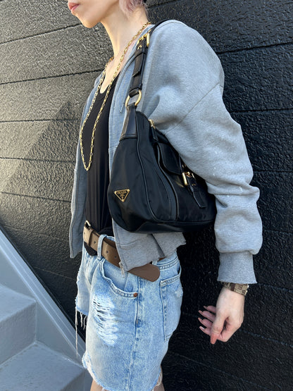 PRADA Triangle Logo Front Buckle Shoulder bag Hobobag Black Vintage kmr53p