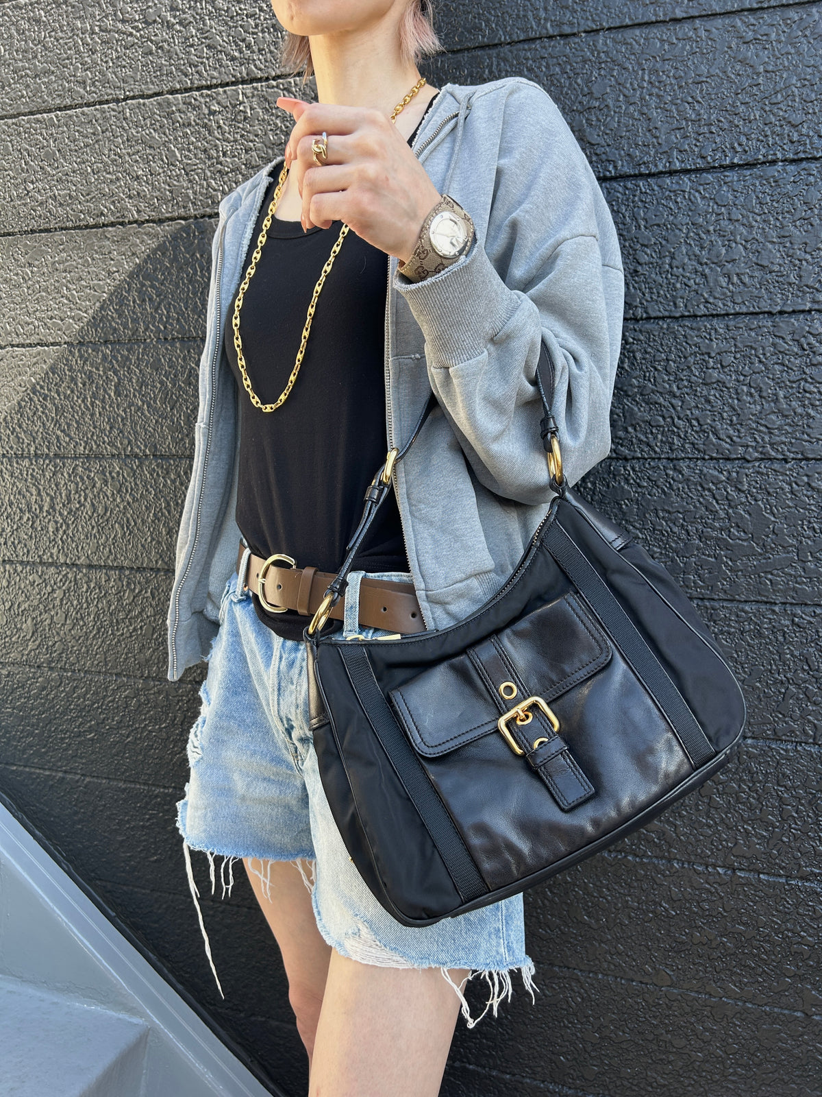 PRADA Triangle Logo Front Buckle Shoulder bag Hobobag Black Vintage kmr53p