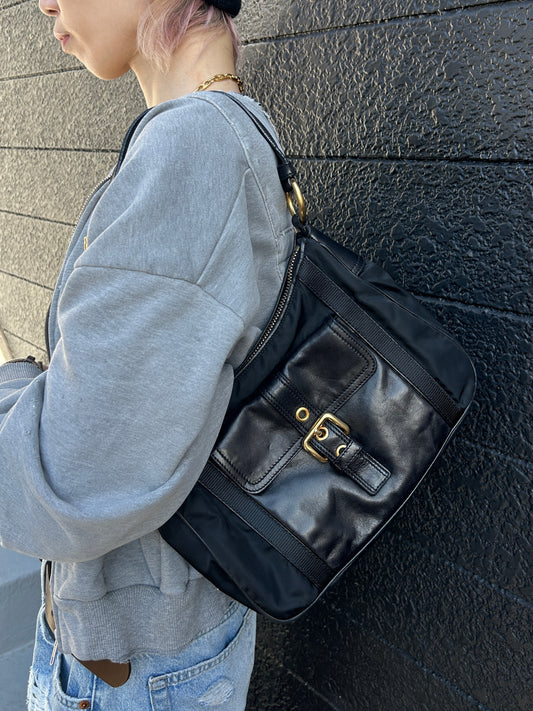 PRADA Triangle Logo Front Buckle Shoulder bag Hobobag Black Vintage kmr53p
