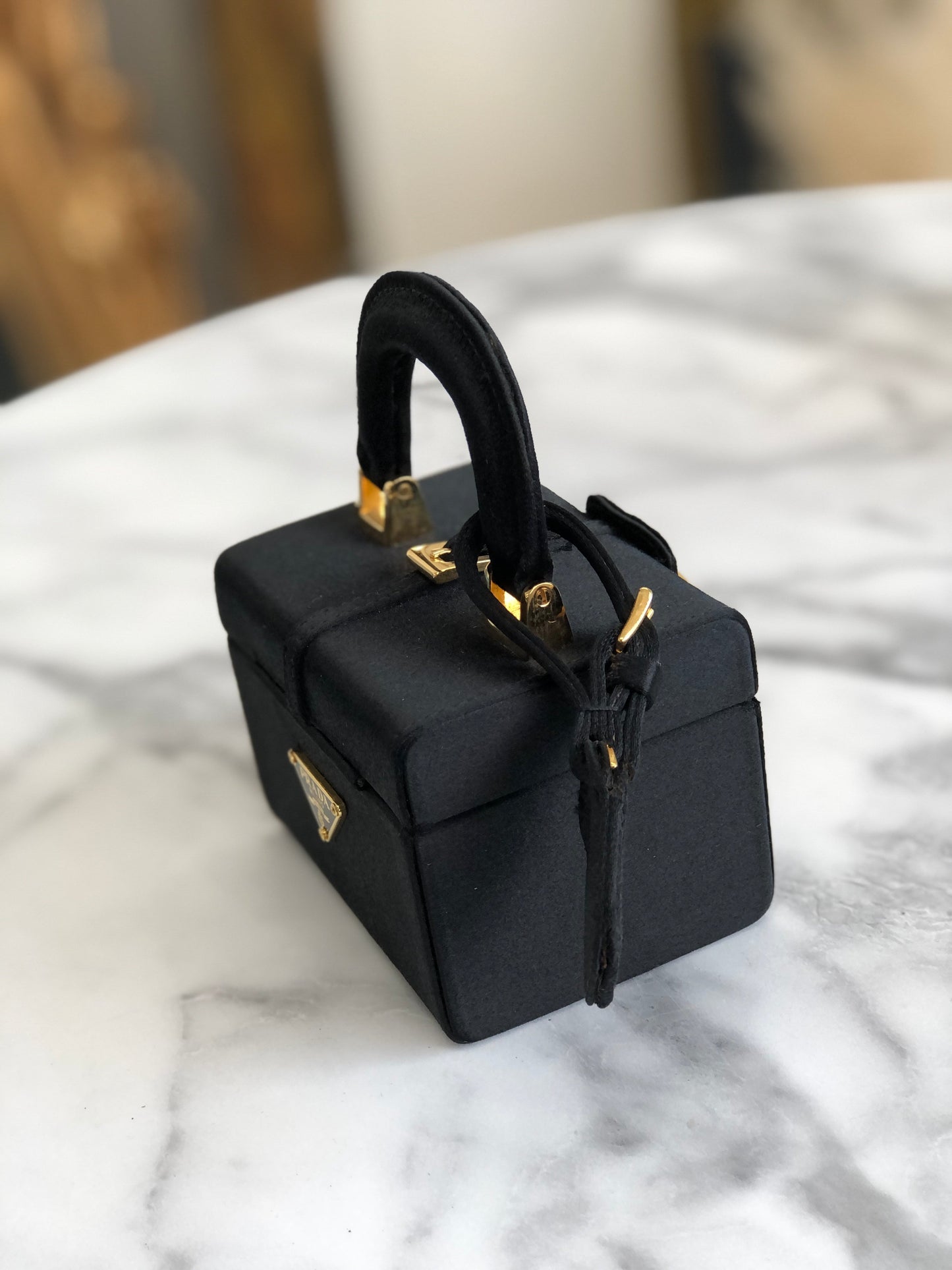 PRADA Satin Leather Jewelry Box Hand bag Vanity bag Black g6hibi