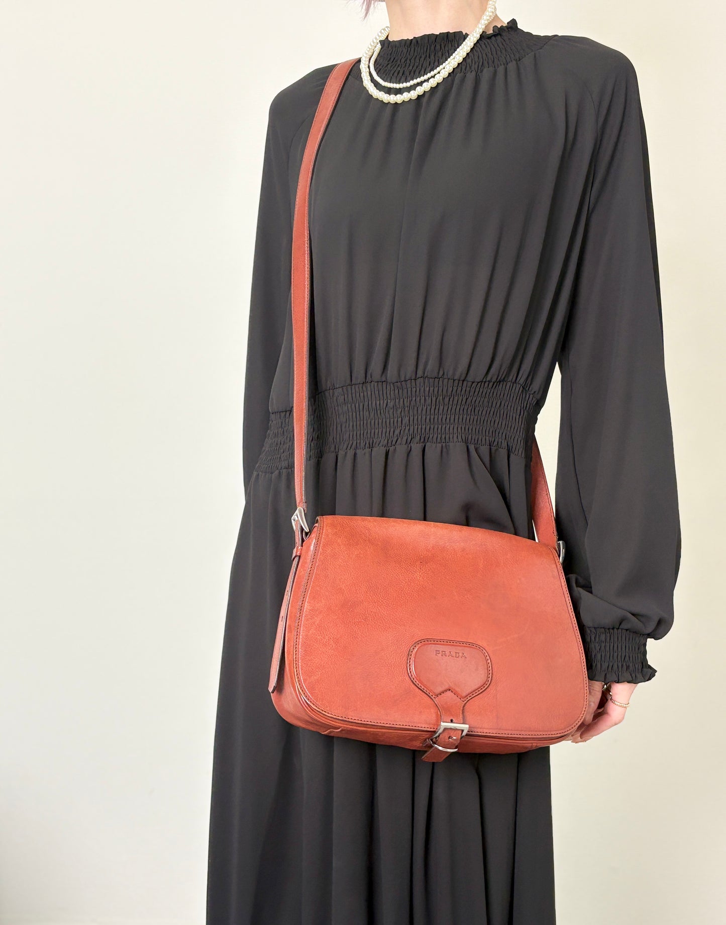 PRADA Logo Front Buckle  Shoulder bag Brown Vintage rhwnn2