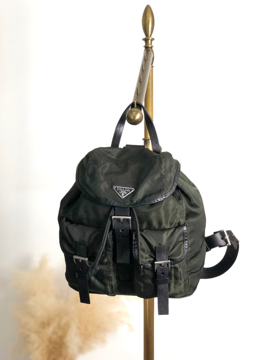 PRADA Tessuto Triangle Logo Double Pocket Backpack Black Vintage kuuttd