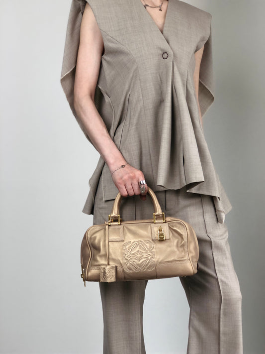 LOEWE Amazona Anagram Small Boston bag Handbag Gold Vintage unh432
