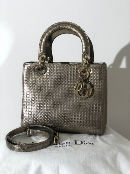 Christian Dior Lady dior 中 Micro Cannage 皮革手提包單肩包 青銅色 dhuimx