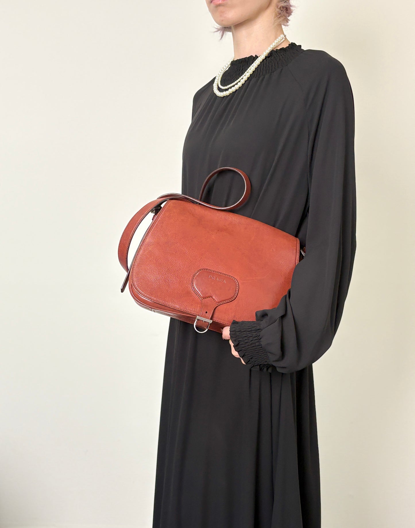 PRADA Logo Front Buckle  Shoulder bag Brown Vintage rhwnn2
