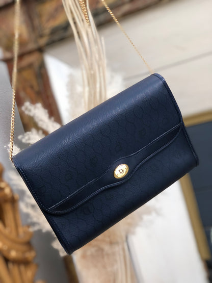 Christian Dior Logo Honeycomb Pattern Chain Crossbody Shoulderbag Navy Vintage Old 3yspde