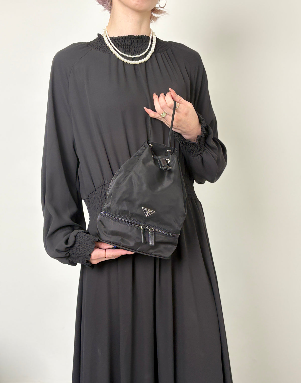 PRADA Tessuto Triangle Logo Drawstring Small Handbag Black Vintage bebvsv