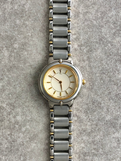 Yves Saint Laurent YSL Logo Quartz Watch Silver 5420-F45413 Vintage wyf5mz