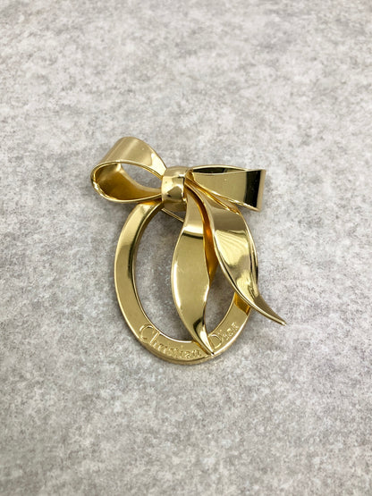 Christian Dior Logo Ribbon Motif Brooch Gold Vintage ep4fie