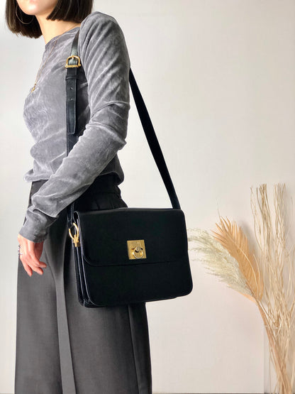 CELINE Gancini Leather Shoulder bag Black Vintage kmhh2a