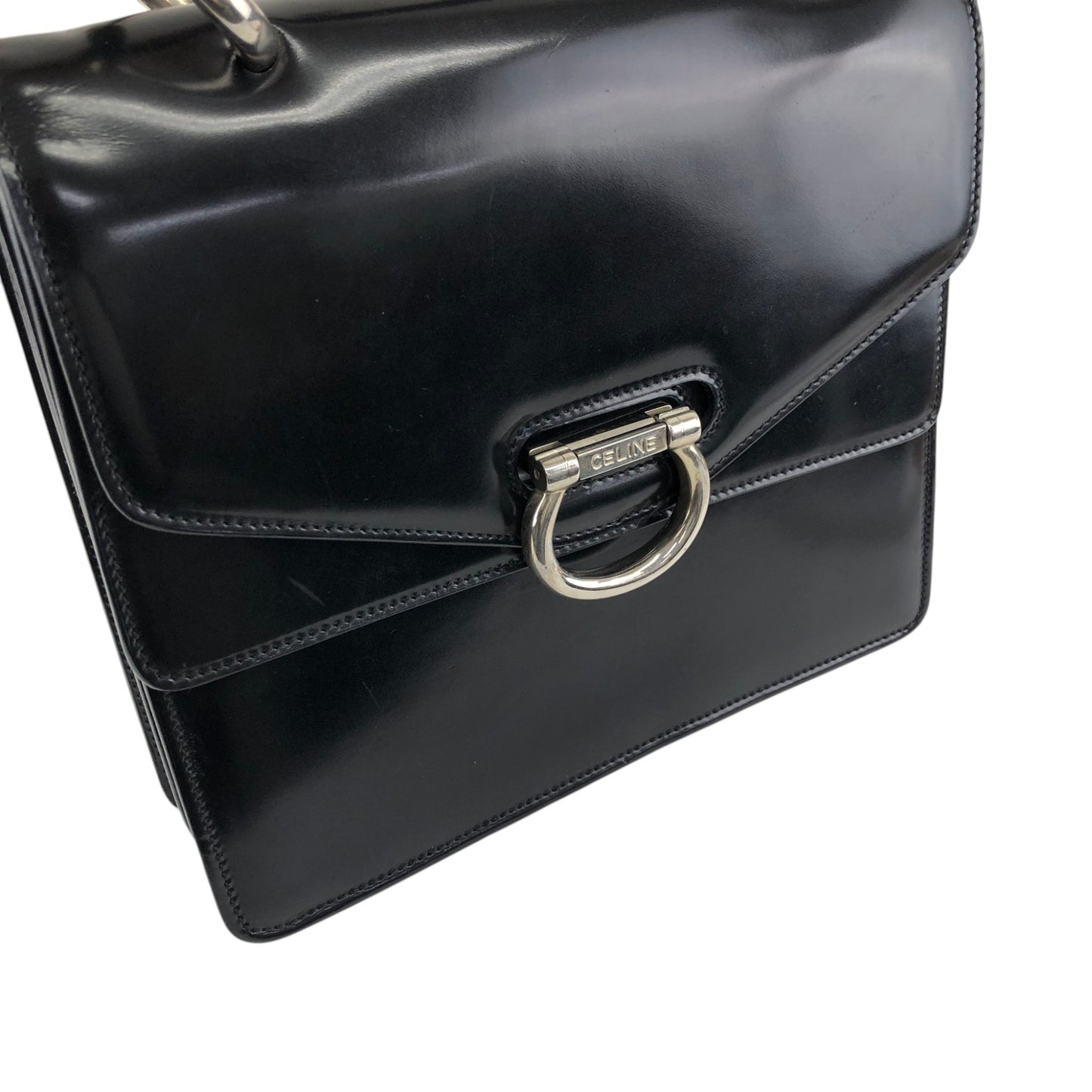 CELINE Gancini Double Flap Top Handle Handbag Black Vintage ku22zn