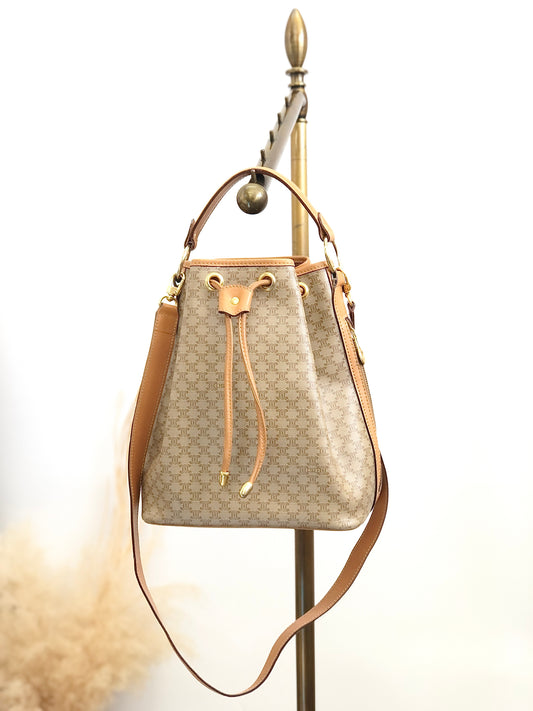 CELINE Macadam Two-way Drawstring Handbag Shoulder bag Beige Vintage jtr86n