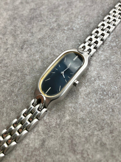 Yves Saint Laurent YSL Logo Quartz Watch Silver×Blue 5421-H08118 Vintage wiaeny