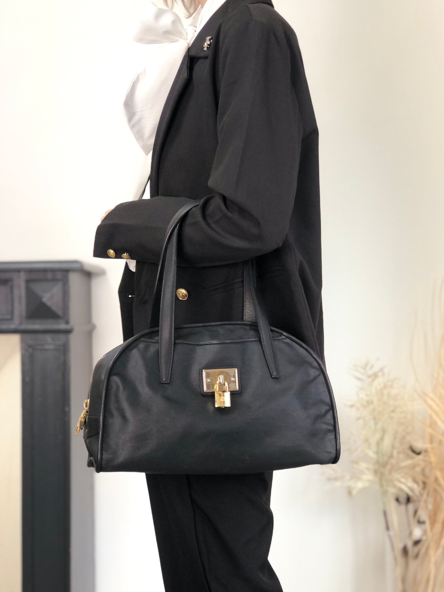 LOEWE Anagram Padlock Small Boston bag Handbag Black Vintage xazh3e