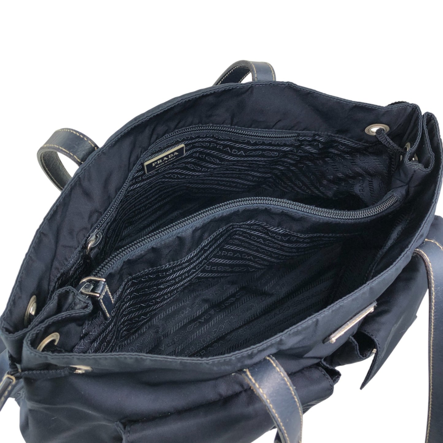 PRADA Tessuto Triangle Logo Double Pocket Totebag Navy Vintage 8ka5ea