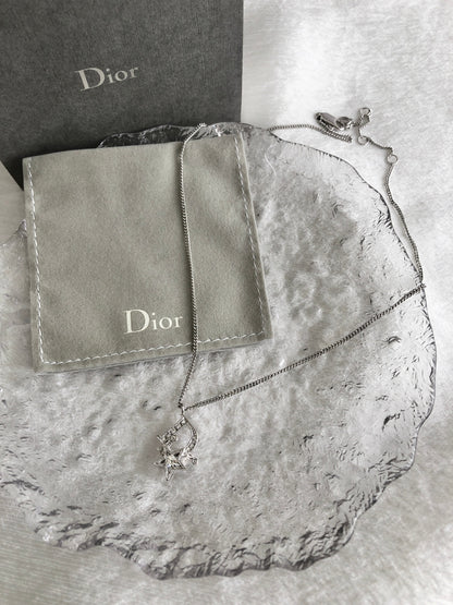 Christian Dior Logo Motif  Rhinestone Necklace Silver Vintage hhj37j