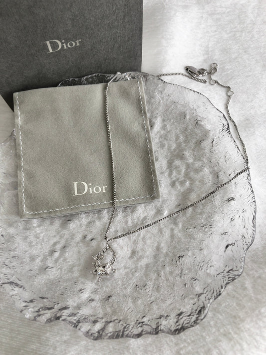Christian Dior Logo Motif  Rhinestone Necklace Silver Vintage hhj37j