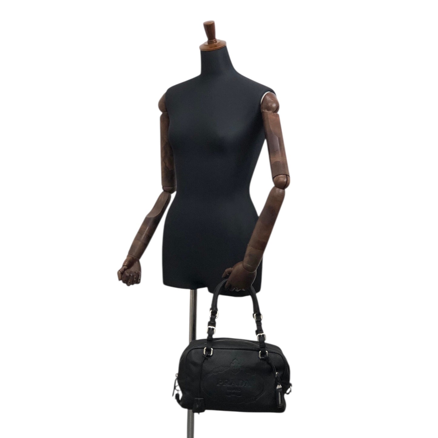 PRADA Logo Embossed Small Boston bag Handbag Black Vintage maefbu