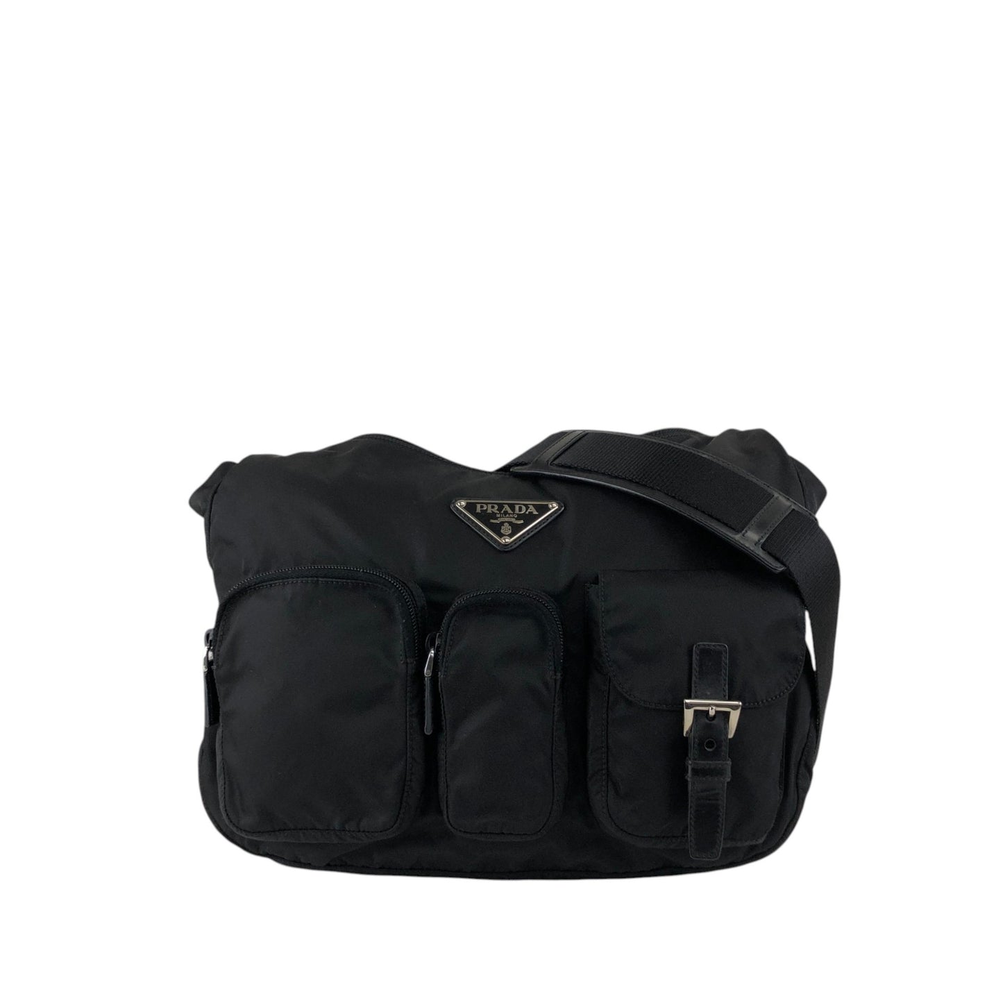 PRADA Tessuto Triangle Logo Front Pocket Shoulder bag Black Vintage 5ia535