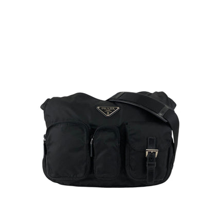 PRADA Tessuto Triangle Logo Front Pocket Shoulder bag Black Vintage 5ia535