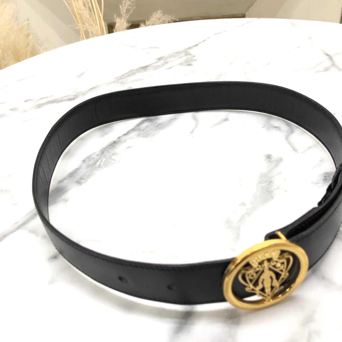 GUCCI Crest Leather Belt Black Vintage 68evbe