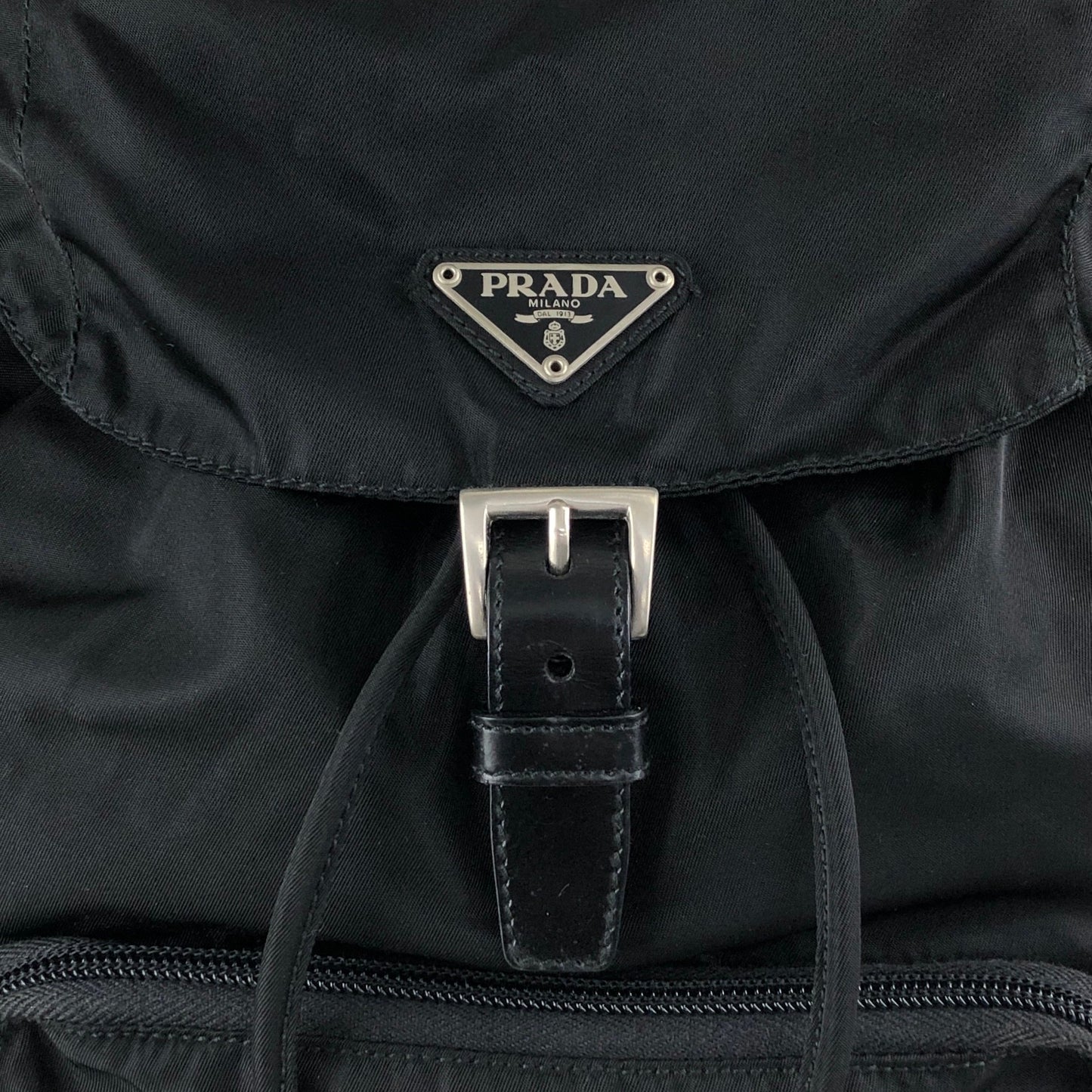 PRADA Tessuto Triangle Logo Front Buckle Backpack Black Vintage ue56ys