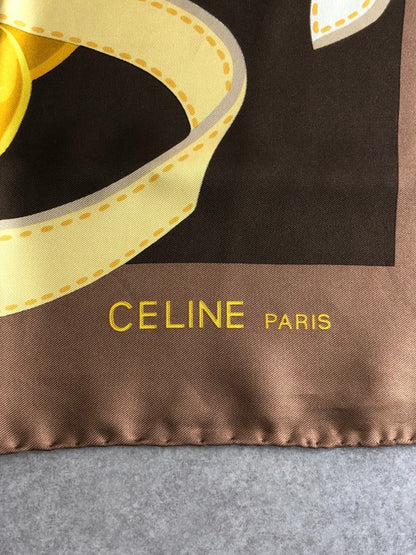 CELINE Silk Scarf Brown×Gold Vintage rj3cgj