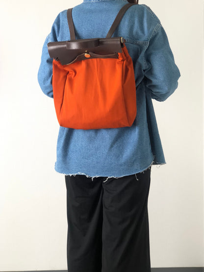 HERMES Fabric Leather Backpack Orange Vintage e8wkjy