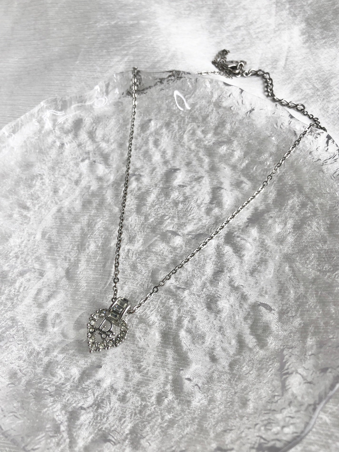 Christian Dior Logo Motif Rhinestone Necklace Silver Vintage a752cj