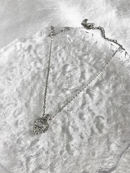 Christian Dior Logo Motif Rhinestone Necklace Silver Vintage a752cj