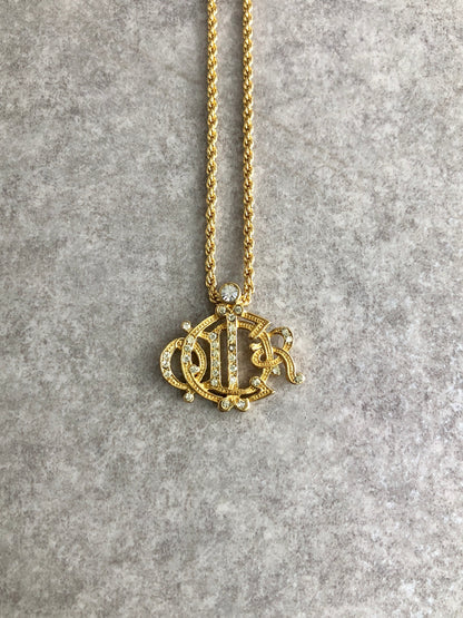 Christian Dior Emblem Rhinestone Necklace Gold Vintage vcjfee