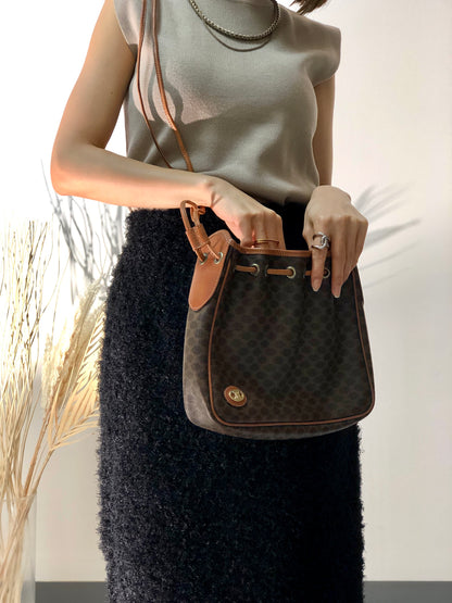CELINE Macadam PVC Leather Drawstring Shoulder bag Brown Vintage hw5asw